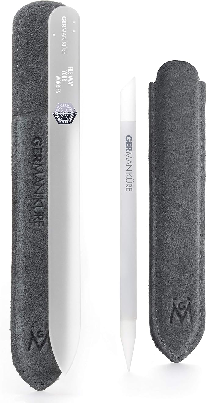 GERMANIKURE 2 Pc Glass Bundle - Crystal Glass Cuticle Stick & File Away Your Worries Nail File in Suede Sleeves – Handmade in Czech Republic – Pro Manicure Supplies – Cuticle Pusher, Callous Remover