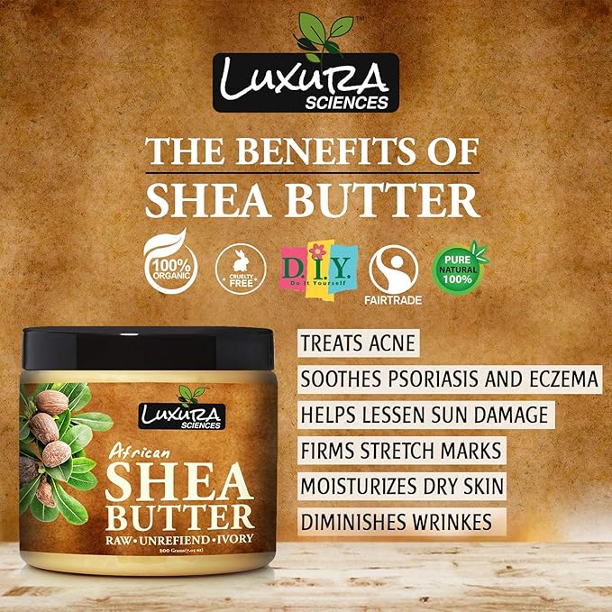 Luxura Sciences African Shea Butter | 100% Pure & Unrefined Raw Shea Butter for Skin & Hair | Deep Moisturizer for Face, Body & Scalp | Ideal for DIY Lotion, Soap Making & Lip Balm | 7.05 Oz (200g)