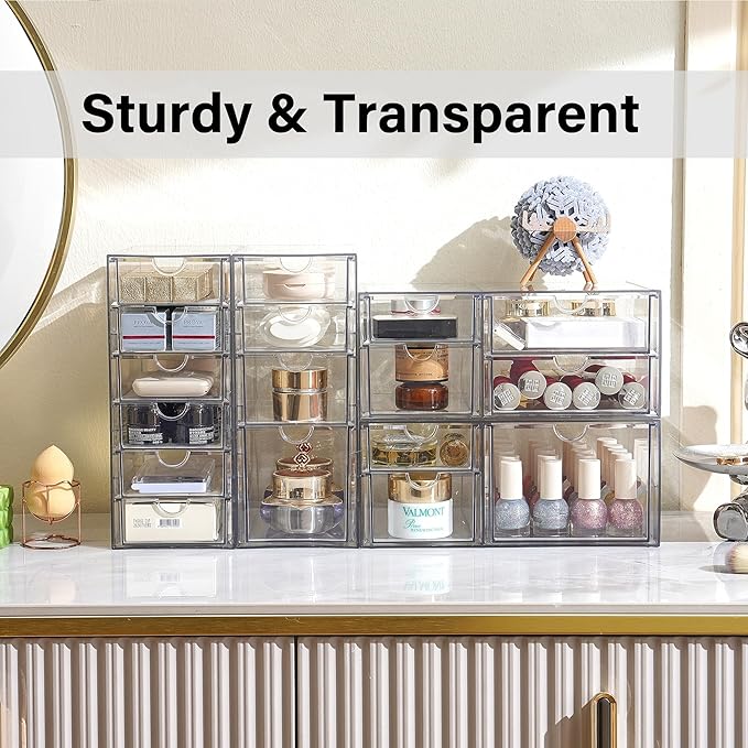 Prsildan Acrylic Drawer Organizer with 17 Drawers, Craft Office Desk Makeup Organizers Accessories, Set of 4 Clear Stackable Storage Drawers for Vanity, Countertop, Jewelry, Art Supply Organization