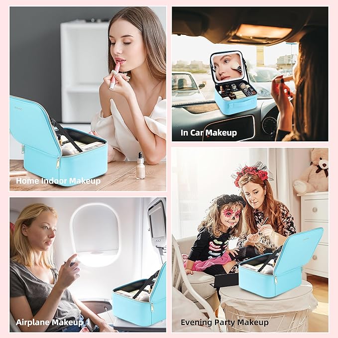ZhenGuiRu Travel Makeup Bag with LED Mirror – Waterproof Cosmetic Train Case with Adjustable Dividers, Portable Makeup Organizer and Toiletry Bag for Women, Teens & Girls Gift, Blue