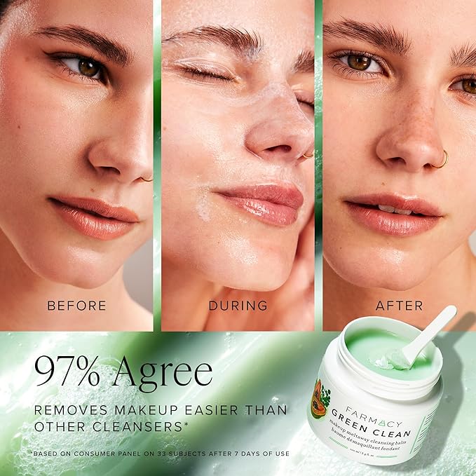 Farmacy Makeup Remover Cleansing Balm - Green Clean Waterproof Makeup Remover Balm + Oil Cleanser for Face - Gently Melts Make Up + SPF - Hydrates + Softens Skin with Super Greens + Papaya (100ml)