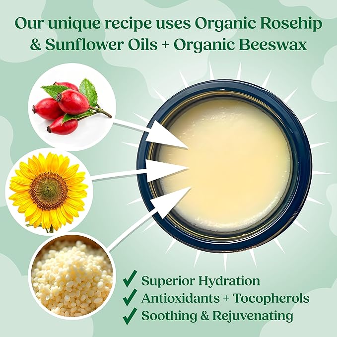 Organic Beef Tallow Balm with Rosehip Oil | Unscented 2 oz – Hand Made in USA 100% Grass-Fed Beef Tallow Moisturizer for Face & Body, Baby, Eczema, Acne-Prone & Sensitive Skin