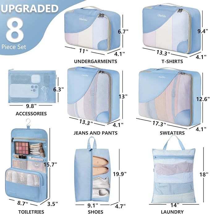 8 Set Packing Cubes for Travel, Anti-Tearing Suitcase Organizer for Luggage with Shoe & Hook Toiletry Bag,Gifts for Women Mom,OlarHike Vacation Essentials & Accessories for Cruise Ship,Starlight Bluen