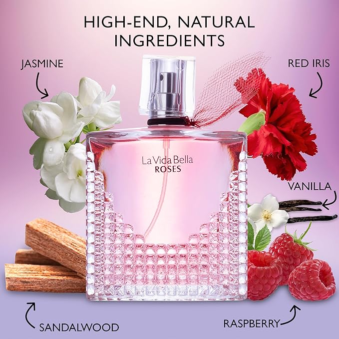 La Vida Bella Roses for Women Eau De Parfum - Floral Amber Fragrance that Combines Top Notes of Raspberry, Pink Pepper & Bergamot - Sugary Rush & Citrusy - Spicy & Rich Aromatic Scent 100ml Bottle
