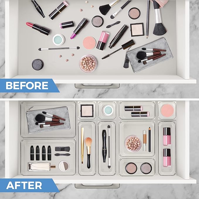 Ravinte 6 Pack Drawer Organizer - 3" X 6" Plastic Storage Bins, Acrylic Organizers with Non-Slip Pads Clear Desk Storage Tray for Makeup, Jewelries, Kitchen Utensils, Bathroom and Office