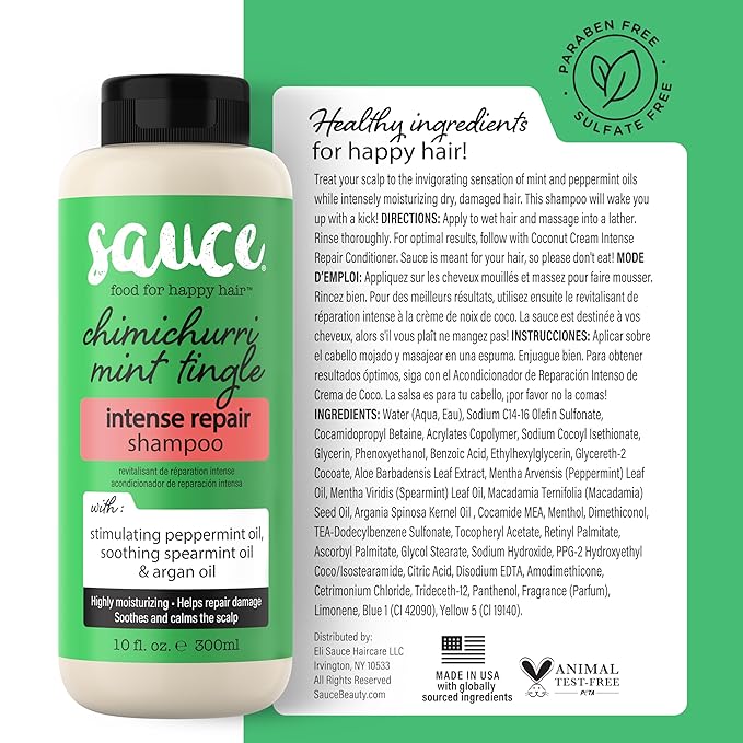 SAUCE Intense Repair Shampoo, Chimichurri Mint Tingle (10 Fl Oz) Soothes & Calms Scalp, Hydrating Shampoo for Damaged Hair with Argan & Peppermint Oil, No Parabens & Sulfates