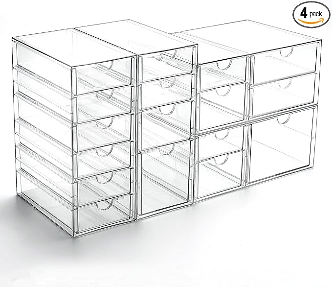 Prsildan Acrylic Drawer Organizer with 17 Drawers, Craft Office Desk Makeup Organizers Accessories, Set of 4 Clear Stackable Storage Drawers for Vanity, Countertop, Jewelry, Art Supply Organization