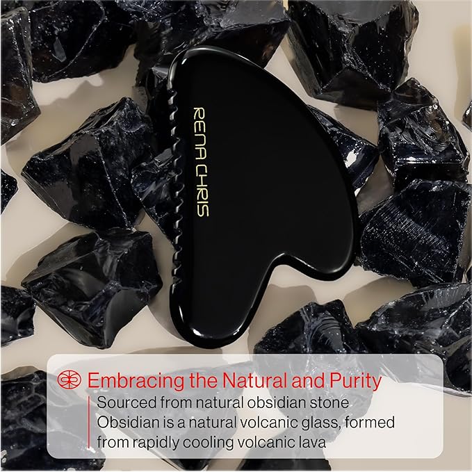 Rena Chris Gua Sha Facial Tools, Obsidian Guasha Tool for Acupuncture, Manual Massage Tool for Jawline Sculpting and Puffiness Reducing, Gua Sha Facial Massage Tool, Skin-Care Gift (Black)
