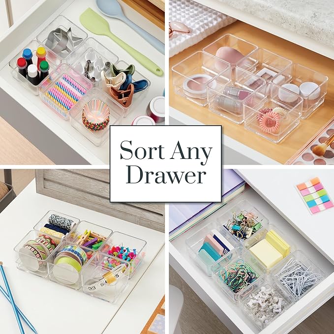 STORi SimpleSort 3-Piece Stackable Clear Drawer Organizer Set | 9" x 6" x 2" Rectangle Trays | Wide Makeup Vanity Storage Bins and Office Desk Drawer Dividers | Made in USA