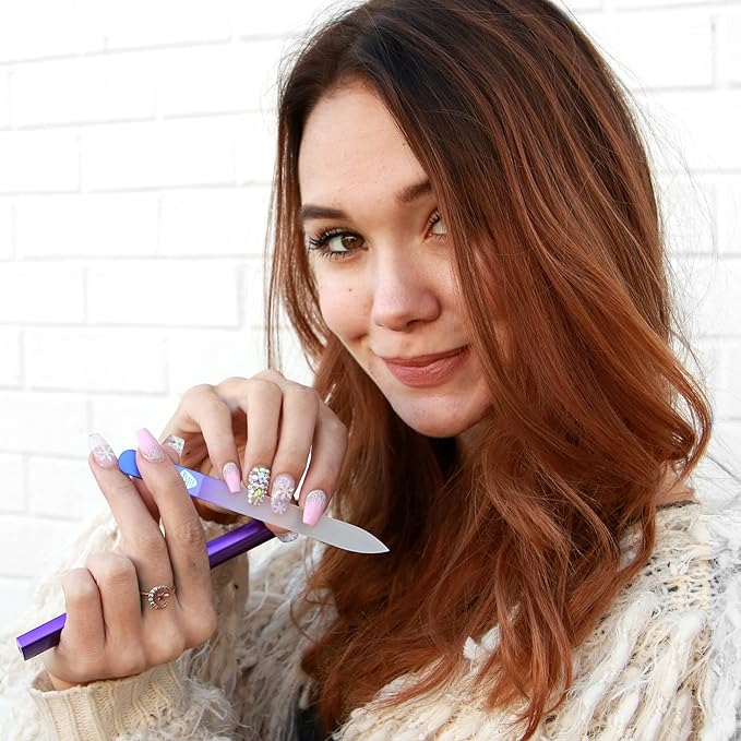 Bona Fide Beauty Glass Nail Files Kit in Purple- 3Pc Set Includes Glass Cuticle Pusher, Mini Travel Nail File, and Medium Glass File for Natural Nails