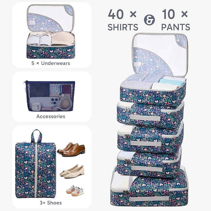 ALL INCLUDED 10 Set Durable Packing Cubes for Suitcases,OlarHike Essentials for Travel,UPGRADED Anti-Tear Stitching, NEW Improved Luggage Packing Organizers for Travel Accessories (Dark Blue Floral)