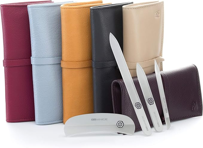 GERMANIKURE Gray Crystal Glass Nail File Set in Magenta Leather Case – Handmade in Czech Republic – Professional Manicure & Pedicure Supplies – Glass Cuticle Stick, Pusher, Moon File