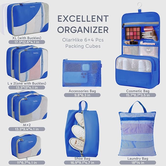 ALL INCLUDED 10 Set Durable Packing Cubes for Suitcases,OlarHike Essentials for Travel,UPGRADED Anti-Tear Stitching, NEW Improved Luggage Packing Organizers for Travel Accessories (Deep Blue)