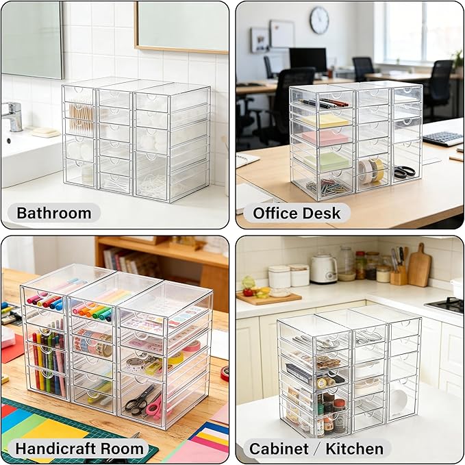 Prsildan Acrylic Drawer Organizer with 15 Drawers, Makeup Craft Office Desk Organizers Accessories, Set of 3 Clear Stackable Storage Drawers for Vanity, Countertop, Jewelry, Art Supply Organization