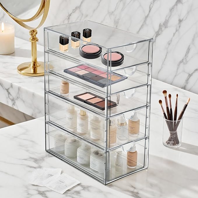 Prsildan Acrylic Drawer Makeup Organizer with 5 Drawers, Hair Accessories Organizer, Office Desk Organization, Clear Stackable Storage Drawers for Vanity, Countertop, Craft, Jewelry