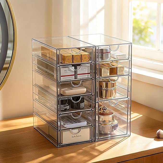 Prsildan Acrylic Drawer Makeup Organizer with 10 Drawers, Set of 2 Office Desk Organizers Accessories, Clear Stackable Storage Drawers for Vanity, Countertop, Craft, Jewelry, Art Supply Organization