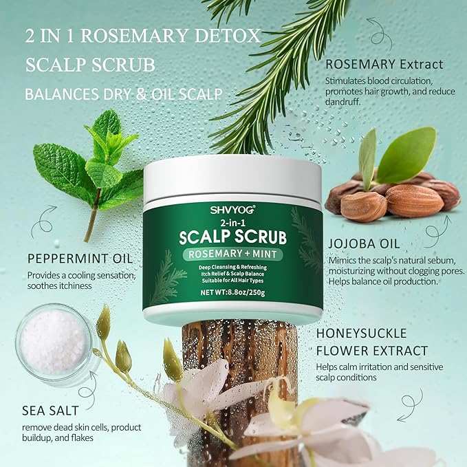 SHVYOG Scalp Scrub, Rosemary Exfoliator Scrub with Peppermint & Sea Salt, Anti-Dandruff Detox Clarifying Exfoliator Shampoo for Deep Scalp Cleanse with Scalp Massager
