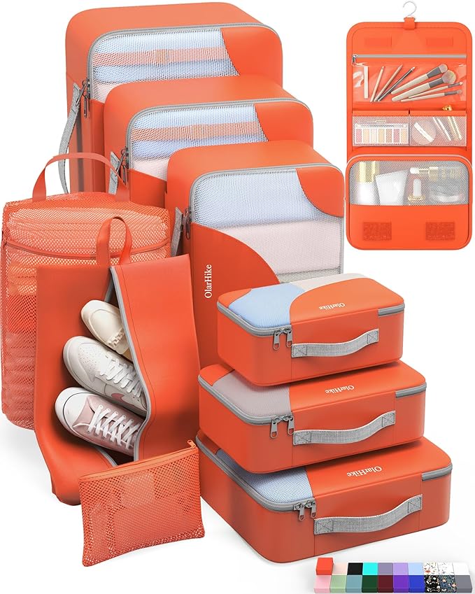 ALL INCLUDED 10 Set Durable Packing Cubes for Suitcases,OlarHike Essentials for Travel,UPGRADED Anti-Tear Stitching, NEW Improved Luggage Packing Organizers for Travel Accessories,Orange
