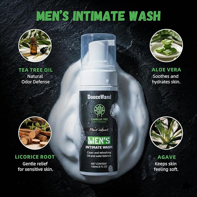 Men's Intimate Wash – pH Balanced Foaming Tea Tree Groin Cleanser, Odor Control with Agave & Licorice, Refreshing Body Wash – 5 Fl Oz