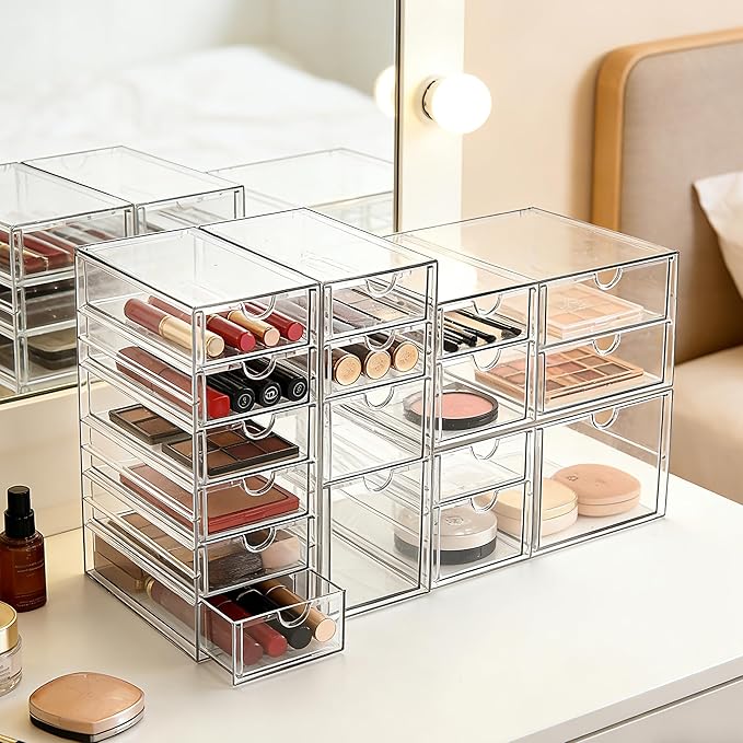 Prsildan Acrylic Drawer Organizer with 17 Drawers, Craft Office Desk Makeup Organizers Accessories, Set of 4 Clear Stackable Storage Drawers for Vanity, Countertop, Jewelry, Art Supply Organization