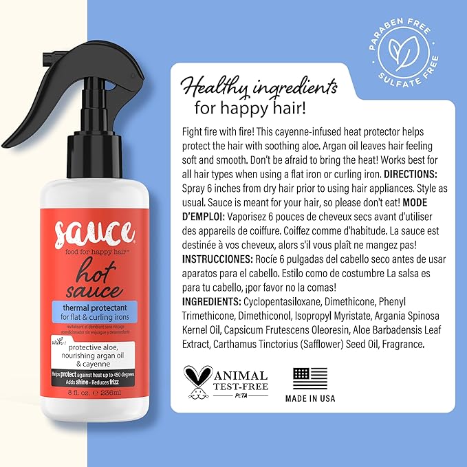 SAUCE BEAUTY Hair Heat Protectant Spray (8 Fl Oz) Hot Sauce Thermal Protectant Spray with Argan Oil, Aloe & Cayenne, Anti Frizz & Adds Shine, Blow Dry & Flat Iron Hair Spray for All Hair Types