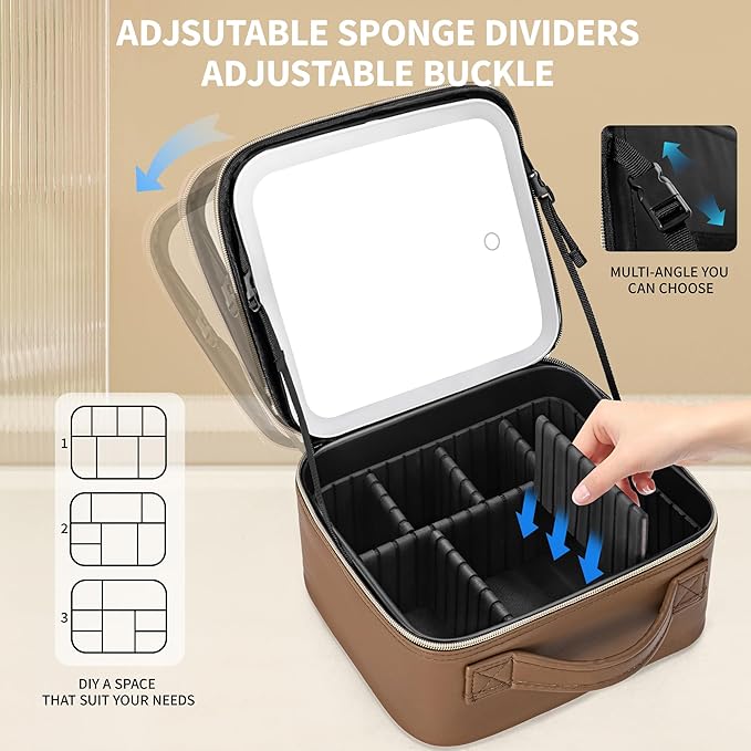 ZhenGuiRu Travel Makeup Bag with LED Mirror – Waterproof Cosmetic Train Case with Adjustable Dividers, Portable Makeup Organizer and Toiletry Bag for Women, Pink Teens & Girls Gift