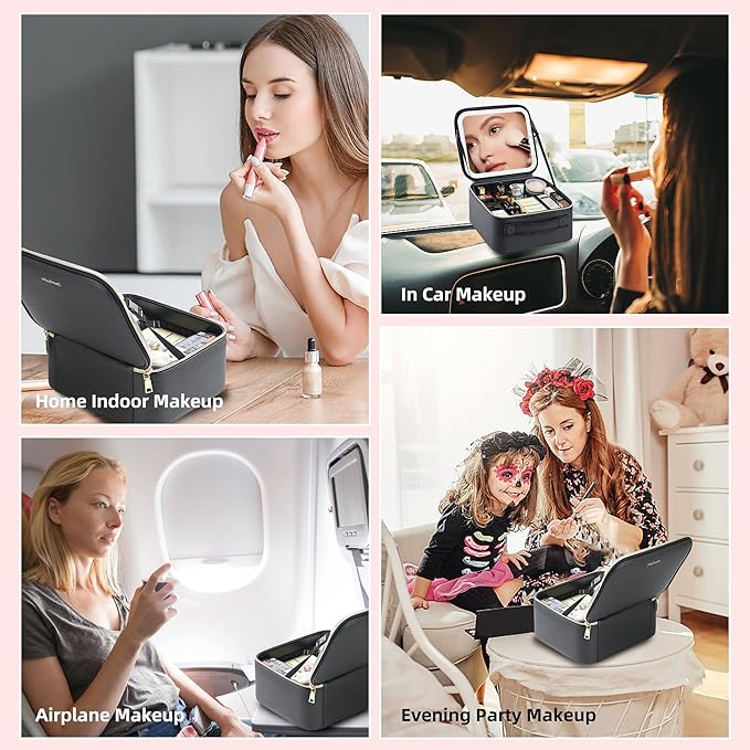 ZhenGuiRu Travel Makeup Bag with LED Mirror – Waterproof Cosmetic Train Case with Adjustable Dividers, Portable Makeup Organizer and Toiletry Bag for Women, Teens & Girls Gift, Black