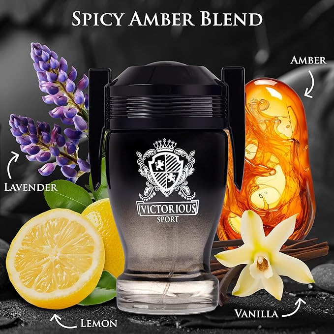 Victorious Sport Eau De Toilette for Men 3.4 fl oz- A Fragrance Built for Champions - Spicy, Sweet & Lemon Warm Base of vanilla, Tonka Bean & Amber Ideal Gift For Special Occasion Elegant