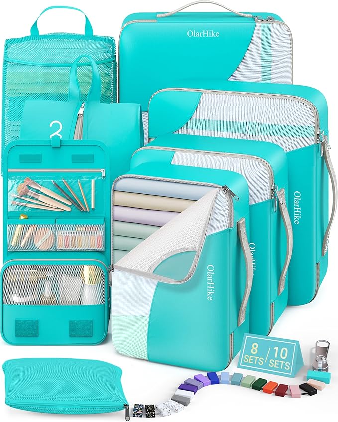 8 Set Packing Cubes for Travel, Anti-Tearing Suitcase Organizer for Luggage with Shoe & Hanging Toiletry Bag,Gifts for Women Mom,OlarHike Vacation Essentials & Accessories for Cruise Ship,Turquoise