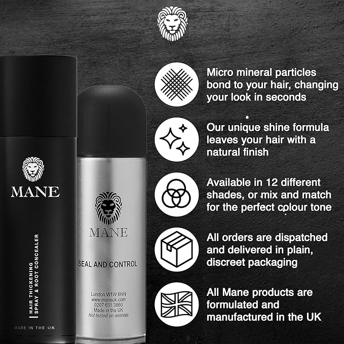 Mane Hair Thickening Spray & Root Touch Up, Seal & Control Combo Pack, Instantly Thicker Hair for Men & Women, Fill in Hairlines and Hide Thinning and Fine Patches - Jet Black, 12 Colors (6.76 oz)