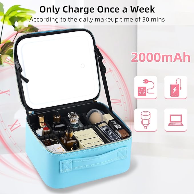 ZhenGuiRu Travel Makeup Bag with LED Mirror – Waterproof Cosmetic Train Case with Adjustable Dividers, Portable Makeup Organizer and Toiletry Bag for Women, Teens & Girls Gift, Blue