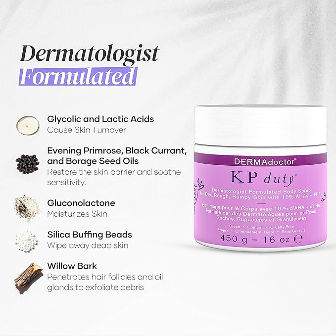 DERMAdoctor KP Bump Eraser Body Scrub with 10% AHAs + PHAs for Keratosis Pilaris, Dry, Rough, and Bumpy Skin, Dermatologist Formulated Exfoliating Body Scrub with Glycolic and Lactic acids - 16 Fl oz