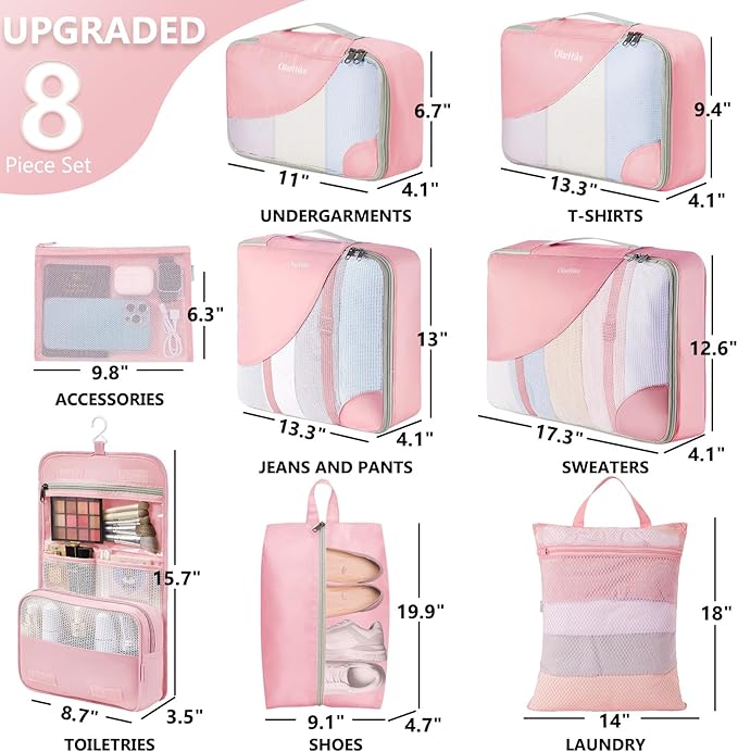 8 Set Packing Cubes for Travel, Gifts for Women Mom,Anti-Tearing Suitcase Organizer for Luggage with Shoe & Hanging Toiletry Bag,OlarHike Vacation Essentials & Accessories for Cruise Ship,Dream Pink