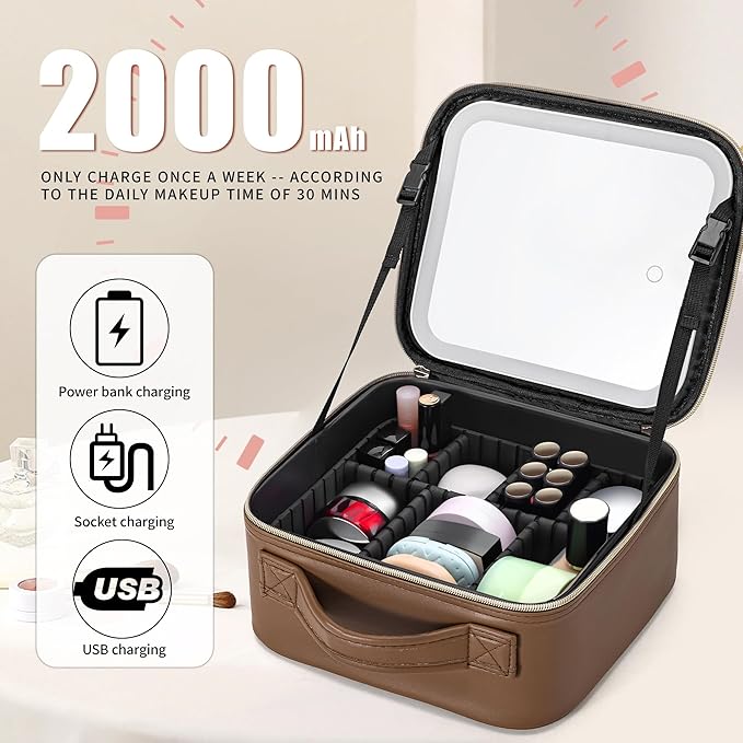 ZhenGuiRu Travel Makeup Bag with LED Mirror – Waterproof Cosmetic Train Case with Adjustable Dividers, Portable Makeup Organizer and Toiletry Bag for Women, Pink Teens & Girls Gift