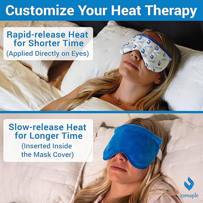 ZOMAPLE Heated Eye Mask, Blue – Soothing Moist Heat for Dry, Tired Eyes – Quick Microwave Prep, Adjustable Strap, Travel Pouch & Plush Washable Cover – Reusable, Cord-Free Warm Compress for Eyes