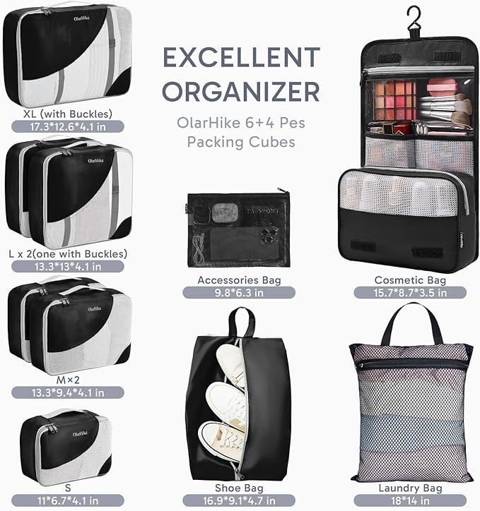 ALL INCLUDED 10 Set Durable Packing Cubes for Suitcases,OlarHike Essentials for Travel,UPGRADED Anti-Tear Stitching, NEW Improved Luggage Packing Organizers for Travel Accessories (Ink)