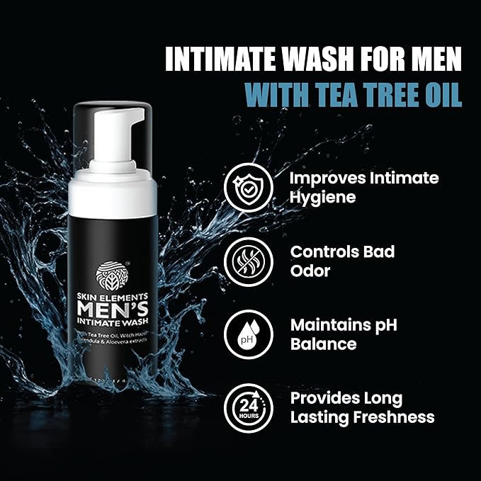 Skin Elements Intimate Wash for Men | pH Balanced Foaming Wash with Tea Tree Oil & Aloe Vera | Soothes, Refreshes & Maintains Hygiene | 4.05 fl. oz. |