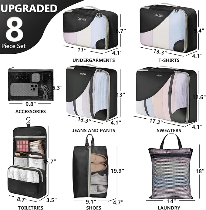 8 Set Packing Cubes for Travel, Anti-Tearing Suitcase Organizer for Luggage with Shoe & Hanging Toiletry Bag,Gifts for Women Mom,OlarHike Vacation Essentials & Accessories for Cruise Ship,Ink