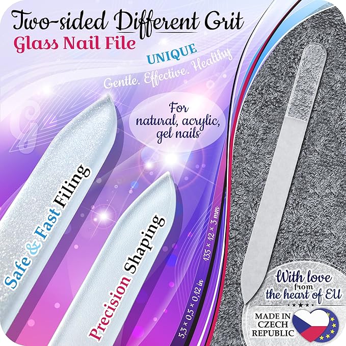 GLADZY Genuine Czech Glass Nail File Set - Callus Remover Foot Rasp, Cuticle Pusher Manicure Stick, Double Sided Etched Different Grit Surface, Professional Nail Care Tool, Made in EU