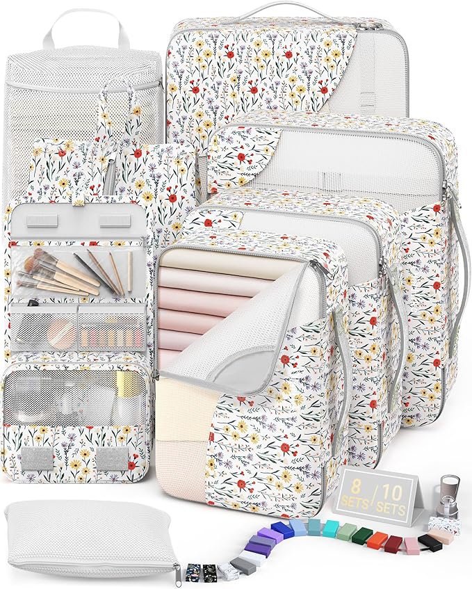 8 Set Packing Cubes for Travel, Anti-Tearing Suitcase Organizer for Luggage with Shoe & Hanging Toiletry Bag,Gifts for Women Mom,OlarHike Vacation Essentials & Accessories for Cruise Ship,Floras