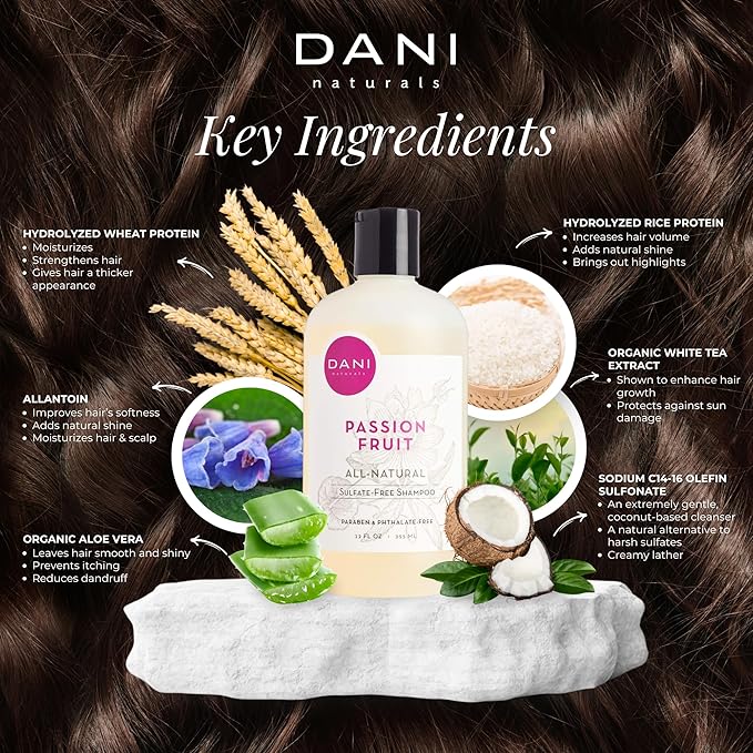DANI Naturals Shampoo - Passion Fruit Scent - Sulfate-Free, Vegan, Moisturizing, 12 oz | Nourishing for All Hair Types & Sensitive Scalps