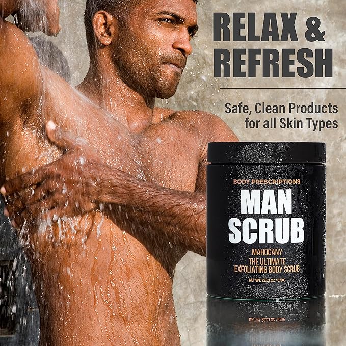 Body Prescriptions Men’s Exfoliating Body Scrub – Ultimate Skin Cleansing Wash in Jar with Twist-Top Lid, For All Skin Types, 21 Ounce (Pack of 1), Mahogany
