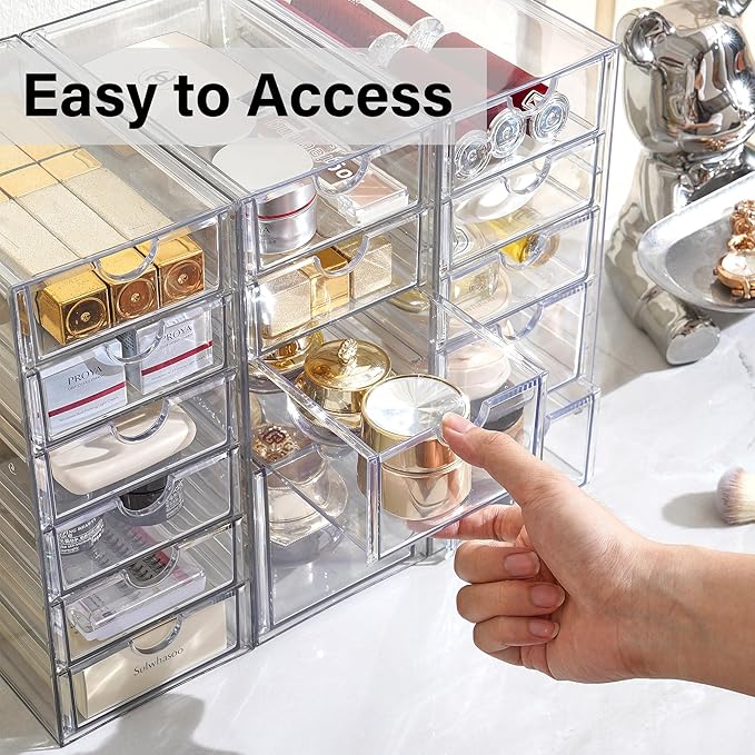 Prsildan Acrylic Drawer Organizer with 15 Drawers, Makeup Craft Office Desk Organizers Accessories, Set of 3 Clear Stackable Storage Drawers for Vanity, Countertop, Jewelry, Art Supply Organization