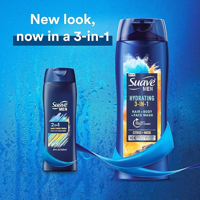 Suave Men Moisturizing Body, Face and Hair Wash, 3-in-1 For Hydrated Skin and Hair, Citrus & Musk scent, No Parabens, No Phtahaltes, 18 Oz Pack of 6