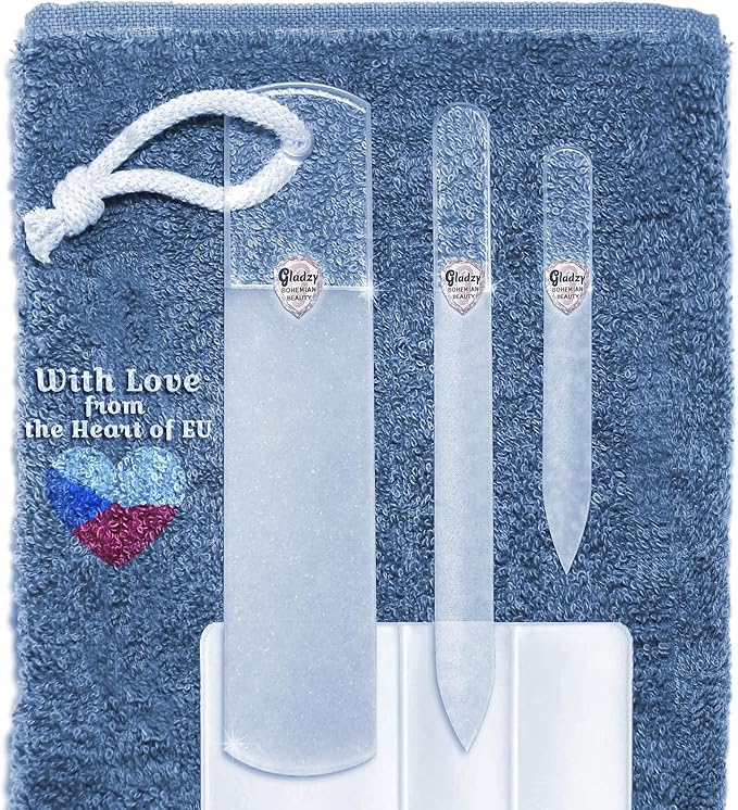 GLADZY Glass Nail File Set – Czech Crystal Nail Files for Natural Nails, Glass Foot File Callus Remover, Professional Manicure & Pedicure Kit for Fingernails & Toenails with Case and Towel, Made in EU