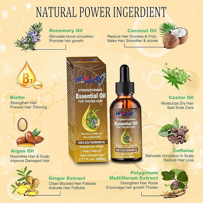 Hair Growth Oil Serum - Lightweight Hair Oil with Biotin,Castor & Rosemary for Thinning Hair - Visibly Thickening Treatment to Reduce Shedding,Hair Frizzy & Nourish Scalp - For Women & Men,60ml