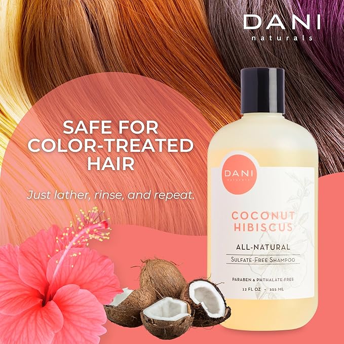 DANI Naturals Moisturizing Shampoo - Coconut Hibiscus - Sulfate-Free, Strengthens & Conditions Dry, Thin, Damaged Hair - Color-Safe, Organic Ingredients, 12 oz