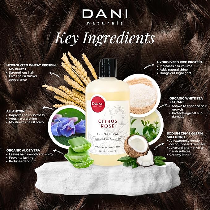 DANI Naturals Shampoo - Citrus Rose Scent is a sulfate-free, vegan, and organic shampoo that deeply moisturizes and nourishes all hair types, including color-treated hair
