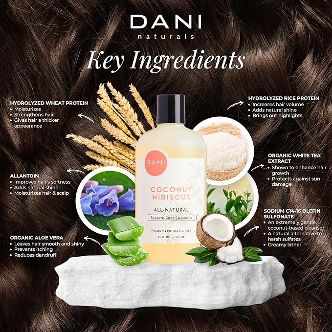 DANI Naturals Moisturizing Shampoo - Coconut Hibiscus - Sulfate-Free, Strengthens & Conditions Dry, Thin, Damaged Hair - Color-Safe, Organic Ingredients, 12 oz