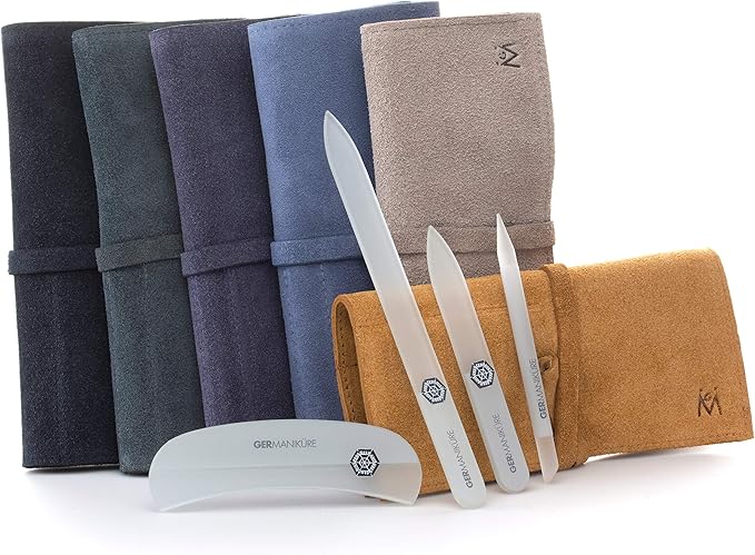 GERMANIKURE Gray Crystal Glass Nail File Set in Light Blue Suede Case – Handmade in Czech Republic – Professional Manicure & Pedicure Supplies – Glass Cuticle Stick, Pusher, Moon File